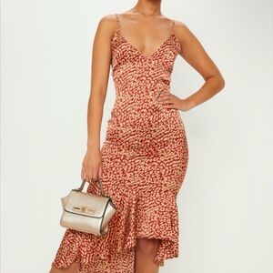 Pretty Little Thing Red Leopard Print Frill Hem Midi Dress Size 8